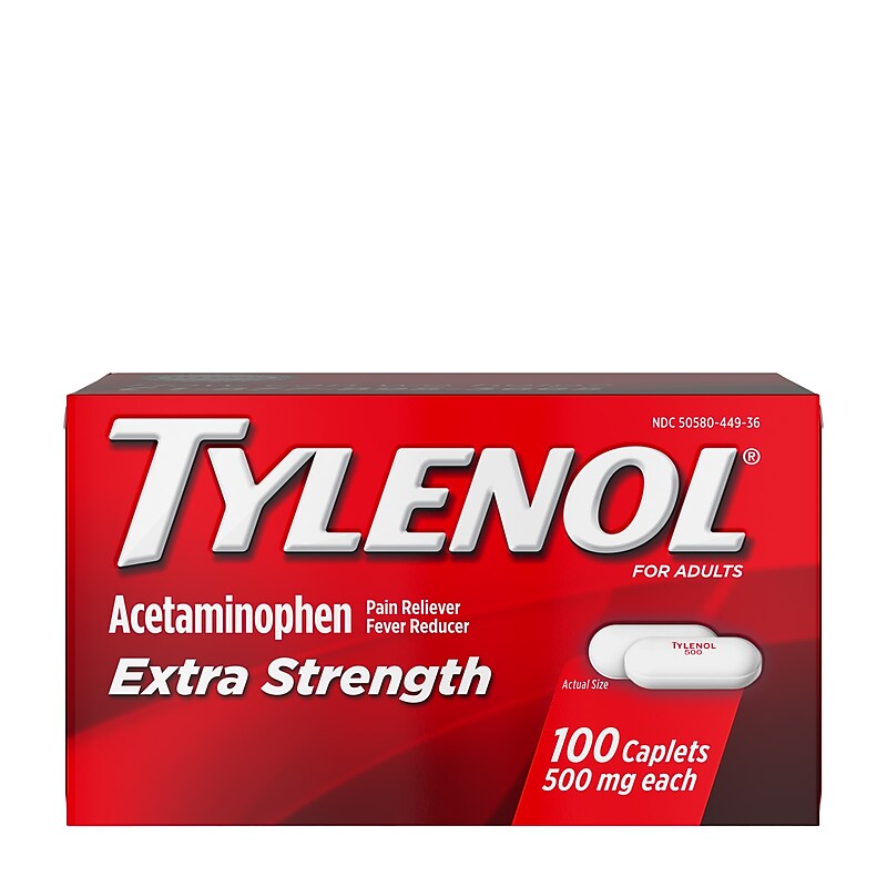 Tylenol Extra Strength Caplets, Fever Reducer and Pain Reliever, 500 mg, 100 Count (931218) image 1