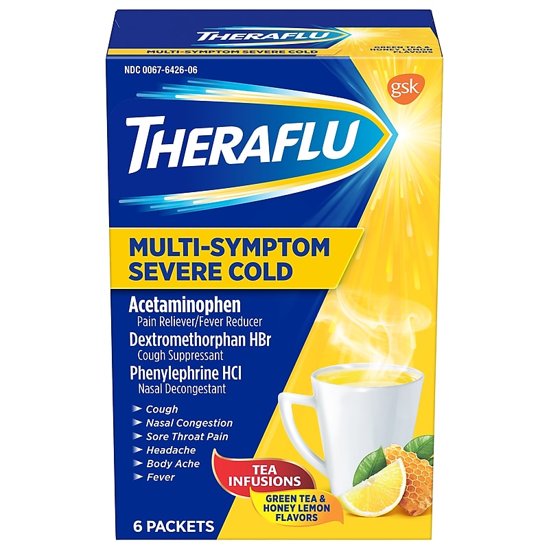 Theraflu Multi-Symptom Severe Cold Hot Liquid Powder Tea Infusions Green Tea and Honey Lemon Flavors 6 Count Box (24473012) image 1