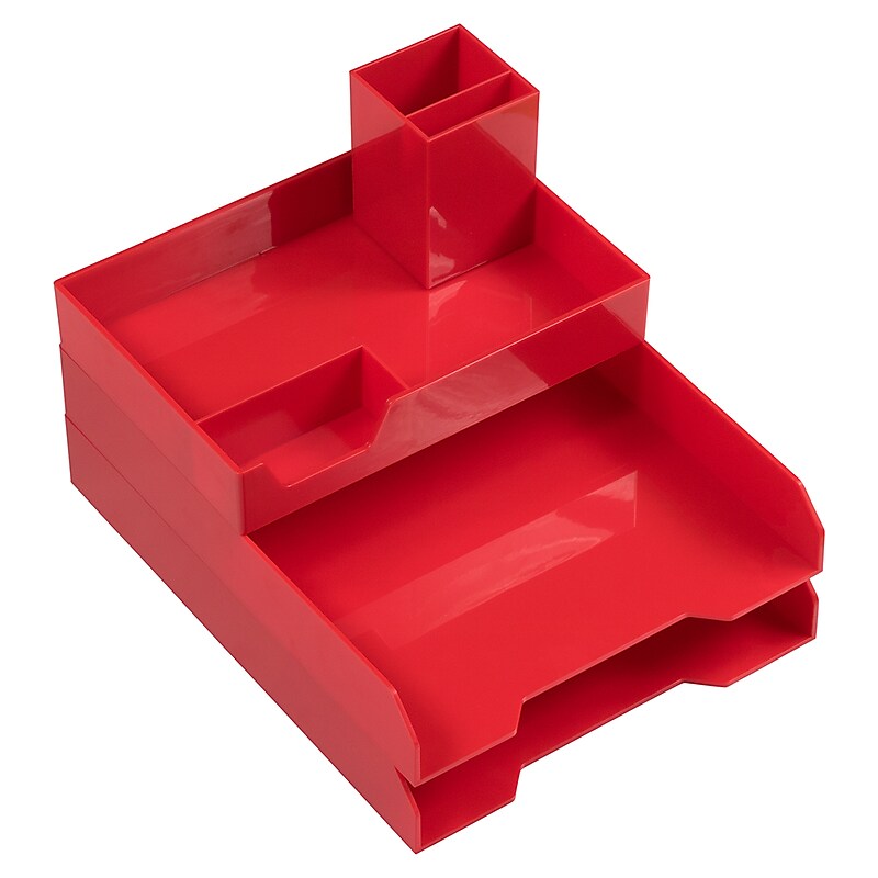 JAM PAPER Stackable 4 Piece Desktop Deluxe Set, Red Plastic (344PRE) image 1