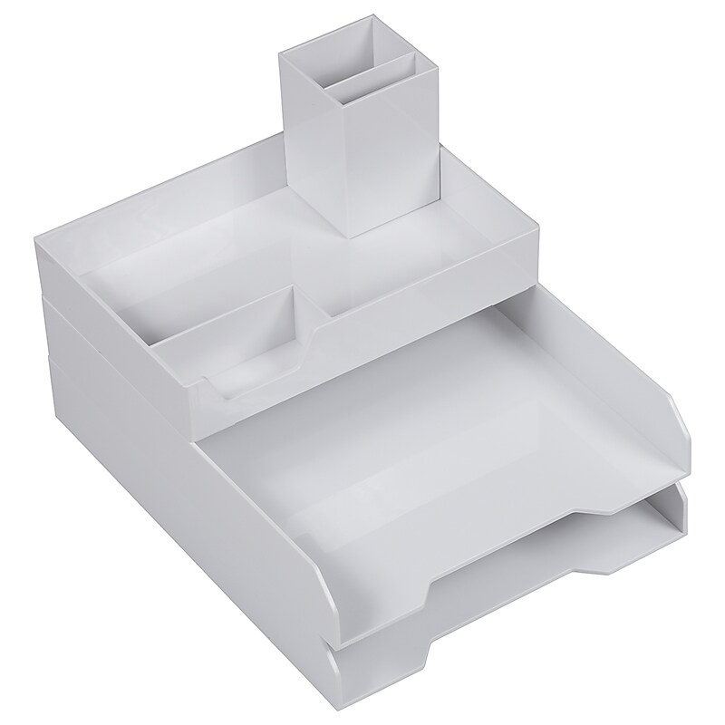 JAM Paper Deluxe Set Stackable Front Loading Letter Tray, Letter Size, White Plastic (344PWH) image 1