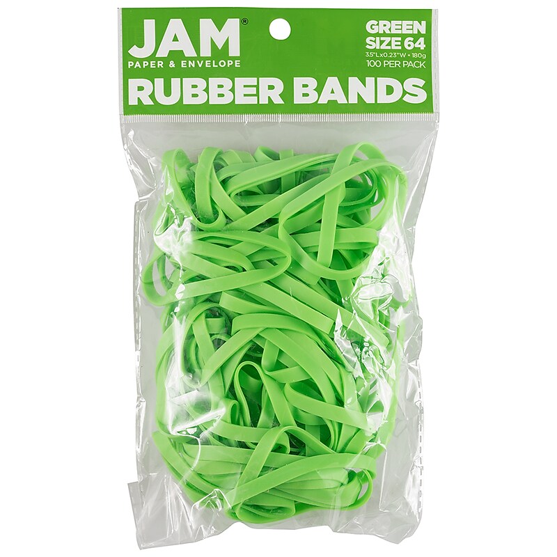 JAM Paper Multi-Purpose #64 Rubber Bands, 3.5" x .25", Non-Latex, Green, 100/Pack (33364RBGR) image 1