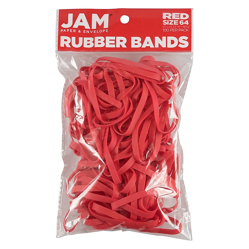 JAM Paper Multi-Purpose #64 Rubber Bands, 3.5" x .25", Non-Latex, Red, 100/Pack (33364RBRE) image 1
