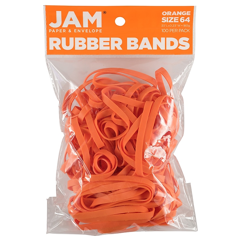 JAM Paper Multi-Purpose #64 Rubber Bands, 3.5" x .25", Non-Latex, Orange, 100/Pack (33364RBOR) image 1