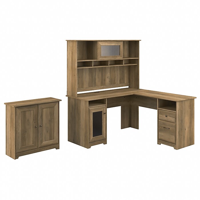 Bush Furniture Cabot 60 W L Shaped Computer Desk with Hutch and Small Storage Cabinet Reclaimed Pine CAB016RCP Staples