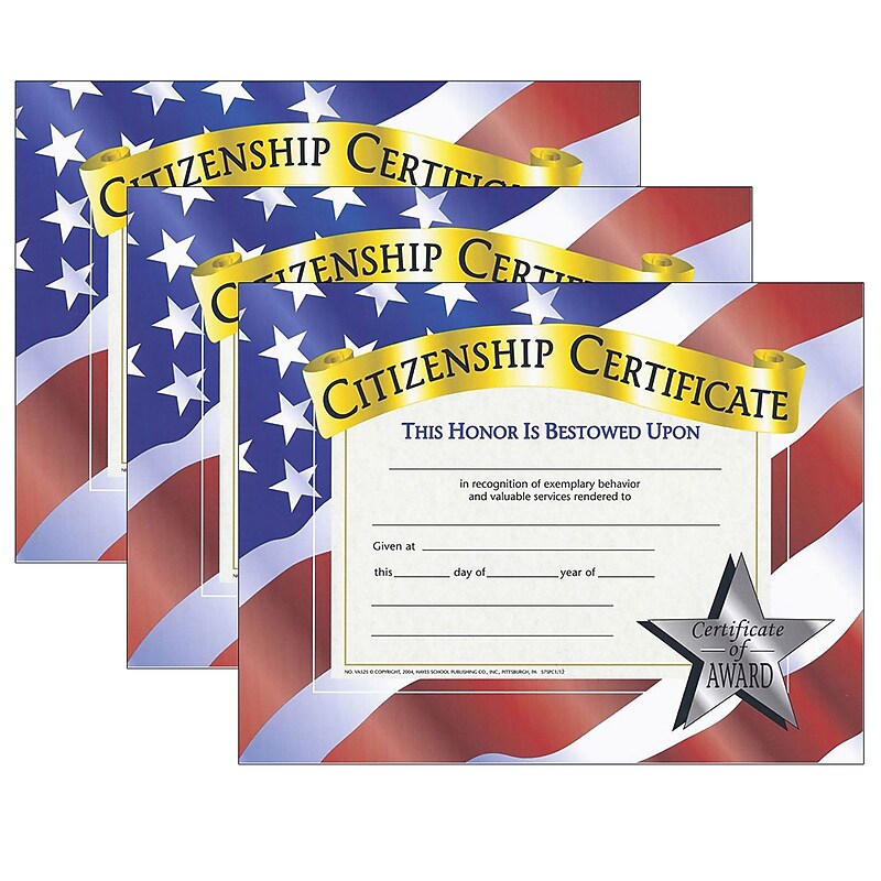 Hayes Publishing Citizenship Certificate, 30 Per Pack, 3 Packs (H-VA525-3) image 1