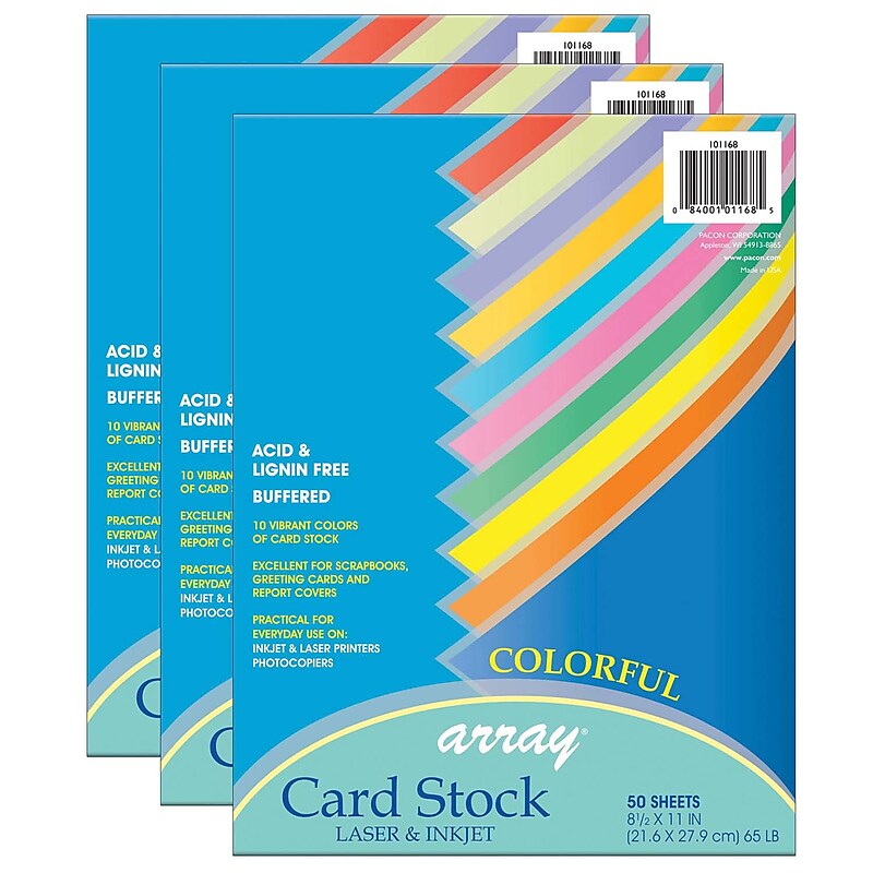 Pacon Array Card Stock, 65 lbs., 8.5" x 11", Assorted Colors, 50 Sheets/Pack, 3 Packs (PAC101168-3) image 1
