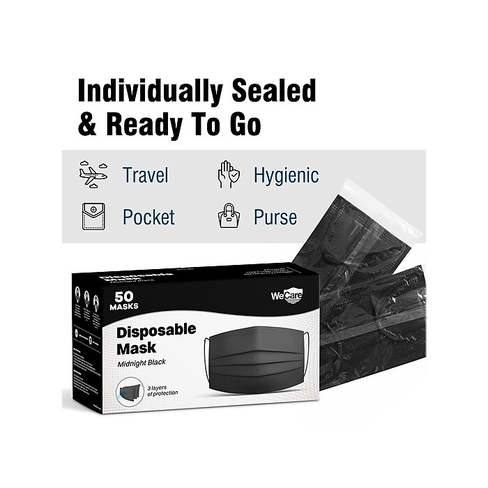 WeCare 3-ply Disposable Face Mask, Adult, Midnight Black, 50/Box