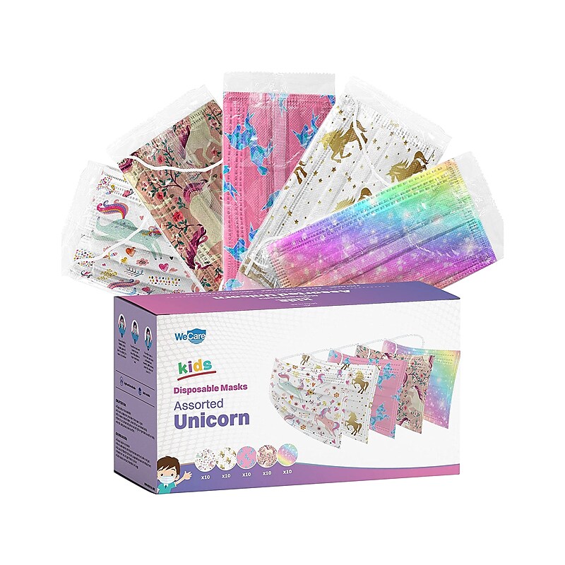 WeCare 3-ply Disposable Face Masks, Kids, Assorted Unicorn Designs, 50/Box (WMN100117) image 1
