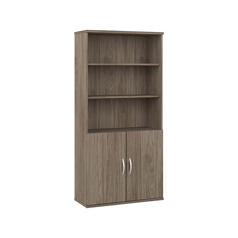 Bush Business Furniture Hybrid 73"H 5-Shelf Bookcase with Doors, Modern Hickory Laminated Wood (HYB024MH) image 1