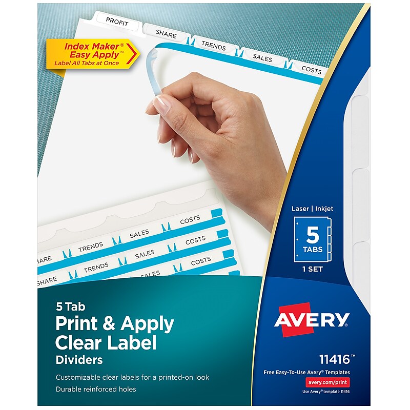 Avery Index Maker Paper Dividers with Print & Apply Label Sheets, 5 Tabs, White (11416) image 1
