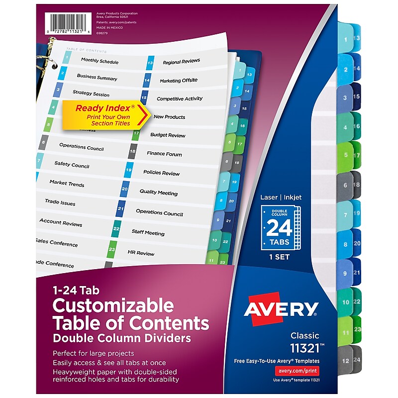 Avery Ready Index Table of Contents Double Column Paper Dividers, 1-24 Tabs, Multicolor (11321) image 1