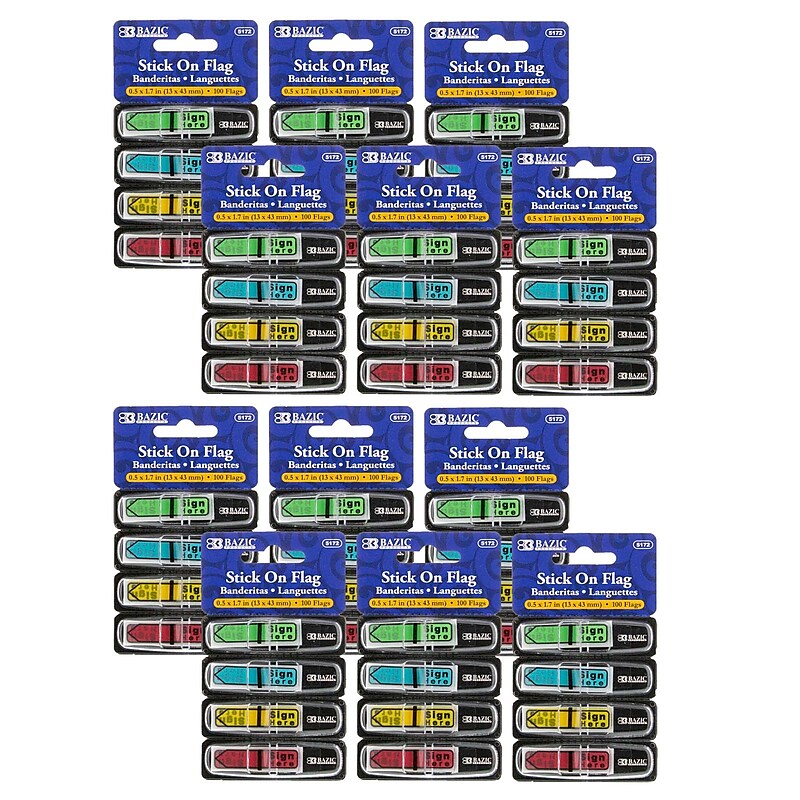 Bazic Sign Here Flags with Dispenser, 1/2" Wide, Assorted Neon, 100/Pack, 12 Packs (BAZ5172-12) image 1