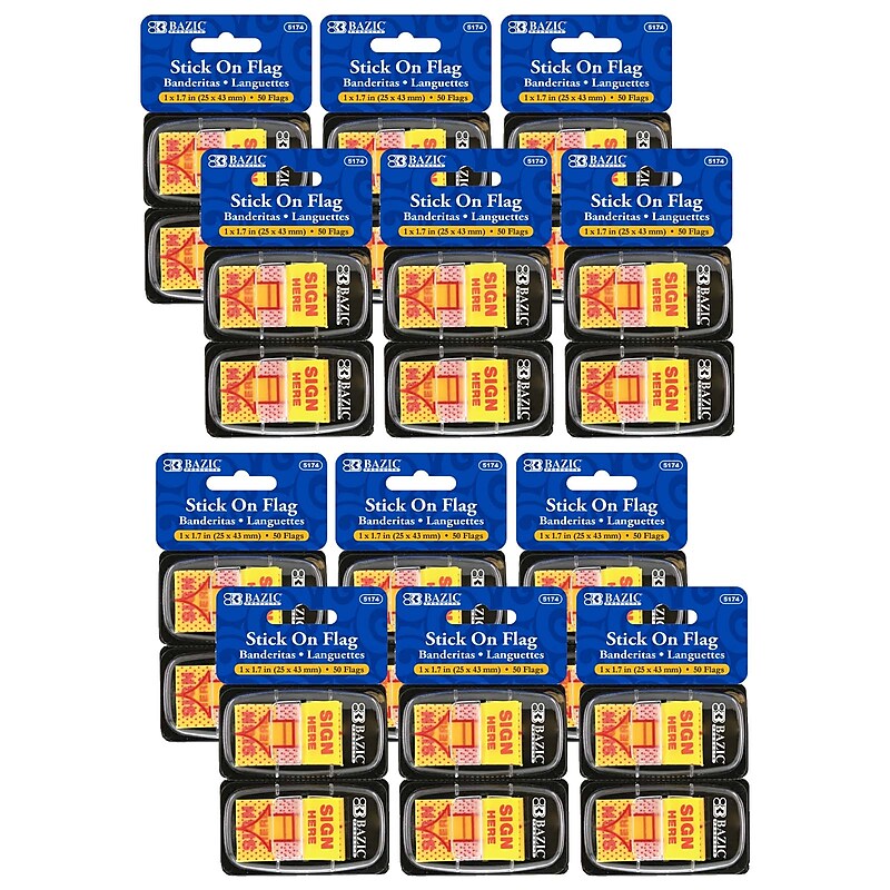 Bazic Sign Here Flags with Dispenser, 1" Wide, Yellow, 50/Pack, 12 Packs (BAZ5174-12) image 1