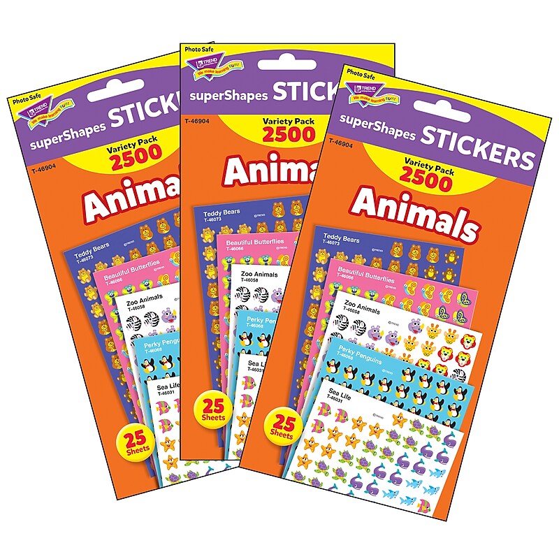 TREND Animals superShapes Stickers Variety Pack, 2500 Per Pack, 3 Packs (T-46904-3) image 1