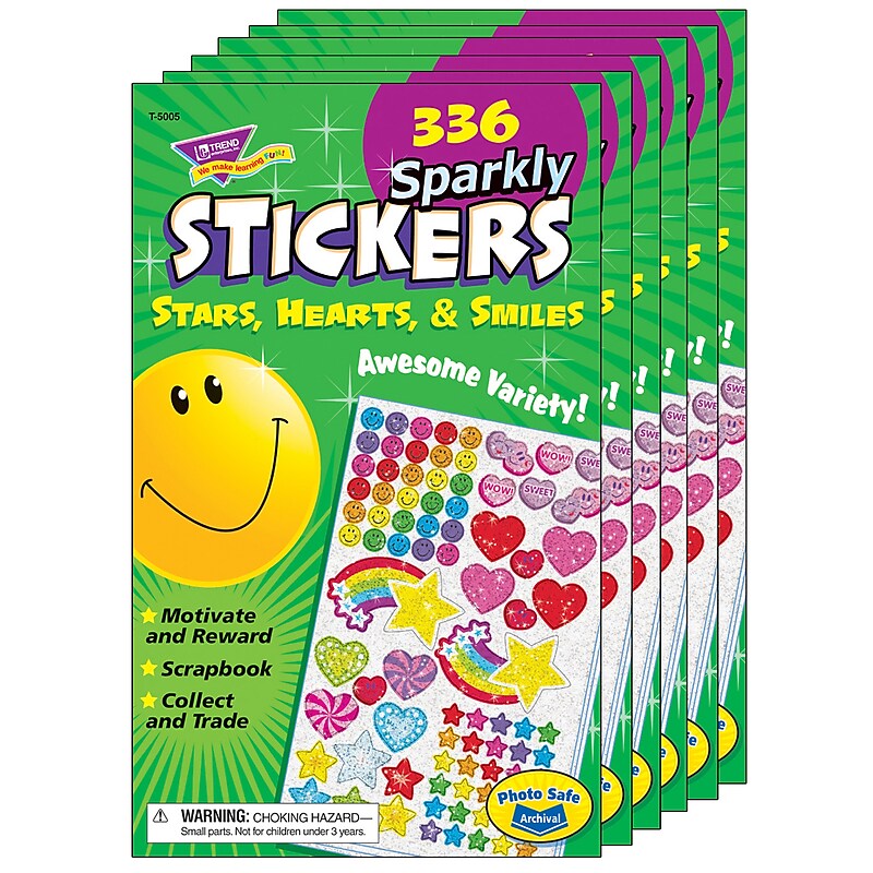 TREND Sparkly Stars, Hearts, & Smiles Sticker Pad, 336 Stickers Per Pad, 6 Pads (T-5005-6) image 1