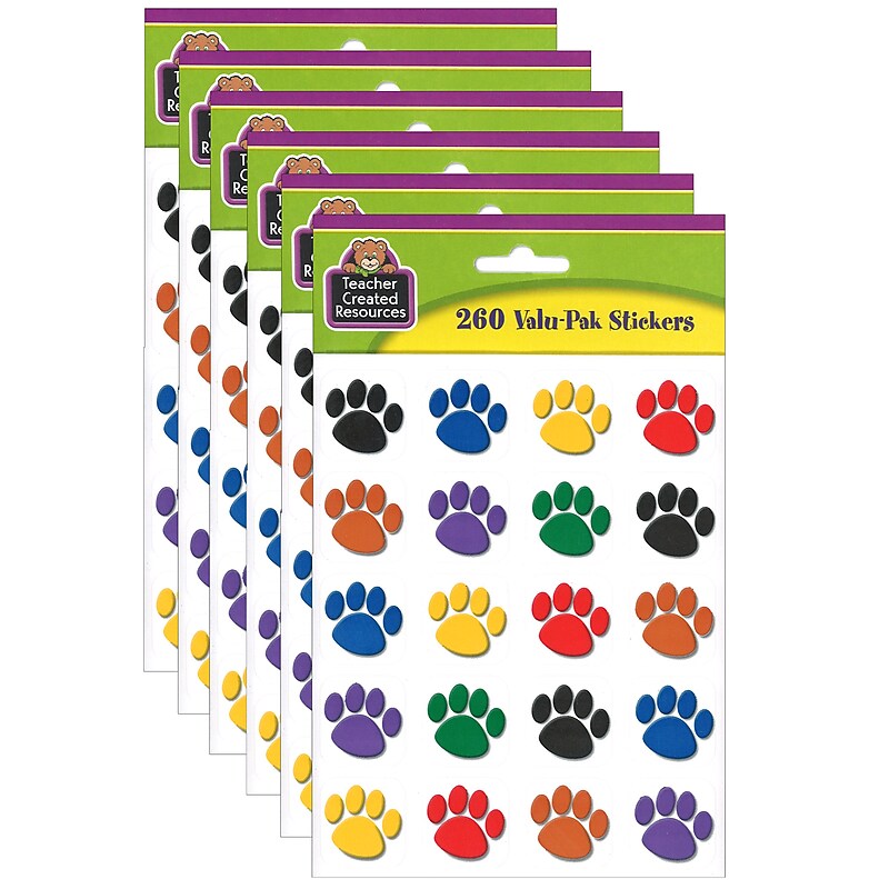 Teacher Created Resources Colorful Paw Print Stickers Valu-Pak, 260 Pieces Per Pack, 6 Packs (TCR4973-6) image 1