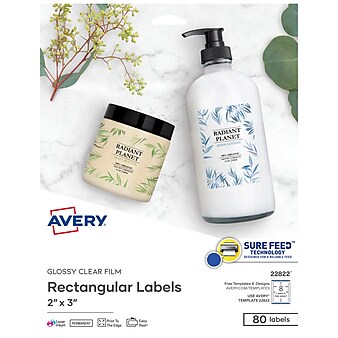 Avery Easy Peel Laser/Inkjet Specialty Labels, 2" x 3", Glossy Clear, 8/Sheet, 10 Sheets/Pack (22822)