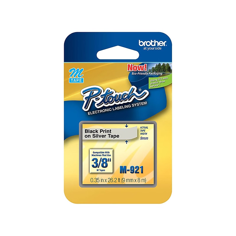 Brother M921 9mm (3/8") Black on Silver Non-Laminated Tape (8m/26.2') image 1
