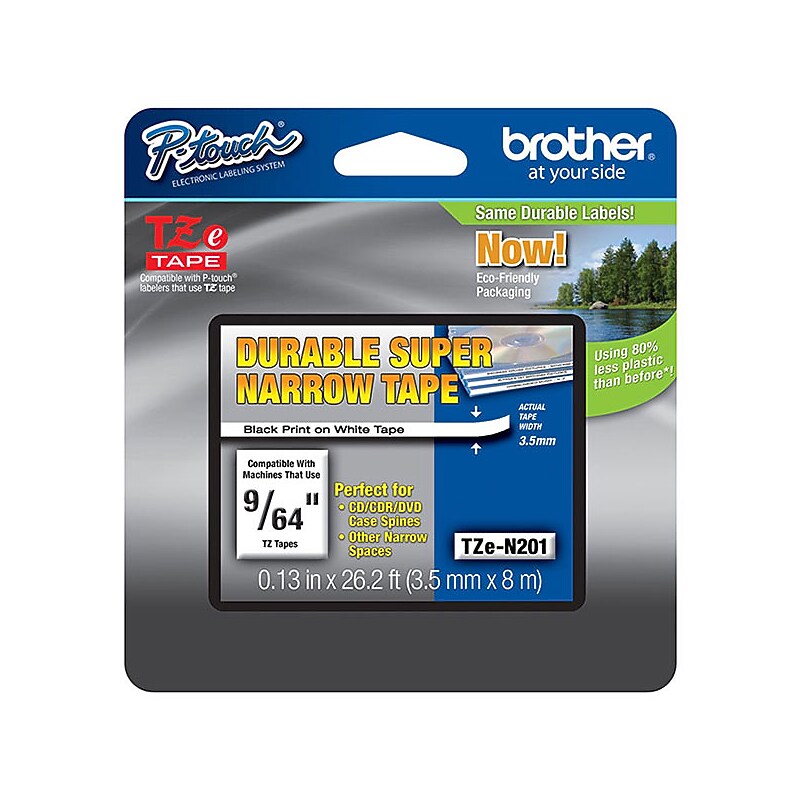 Brother Durable Super Narrow Non-Laminated Tape, 3.5mm (9/64"), Black on White, 26.2' (TZEN201) image 1