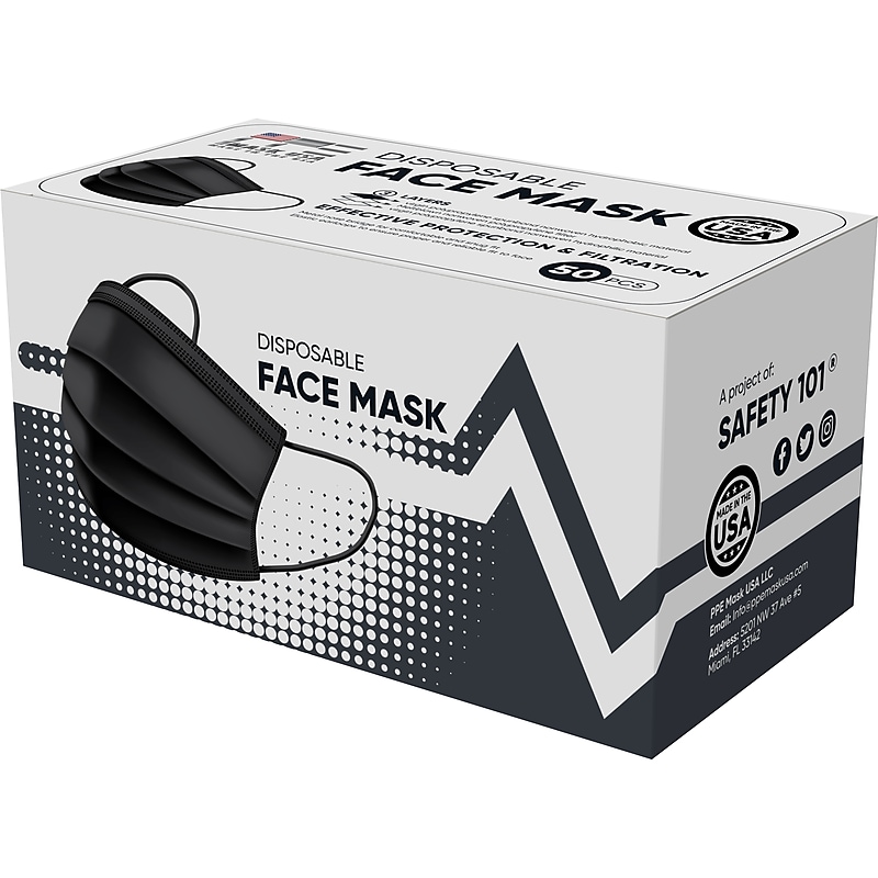 PPE Mask USA 3-ply Disposable Surgical Face Mask, Adult, Black, 50/Box (SMN200057) image 1