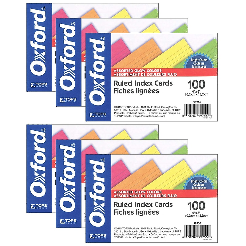 Oxford Glow Index Cards, 4" x 6", 100 Per Pack, 6 Packs (ESS99755-6) image 1