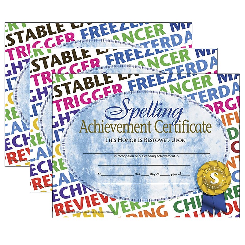 Hayes Publishing Spelling Achievement Certificate, 30 Per Pack, 3 Packs (H-VA576-3) image 1