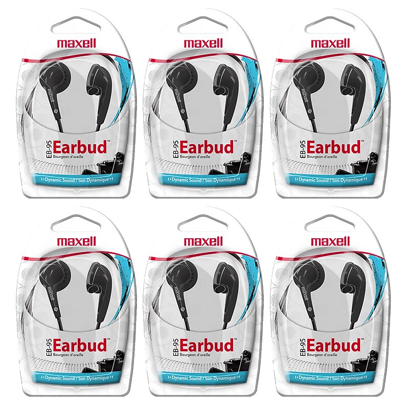 Maxell Budget Stereo Earbuds, Black, 6/Pack (MAX190560-6) image 1