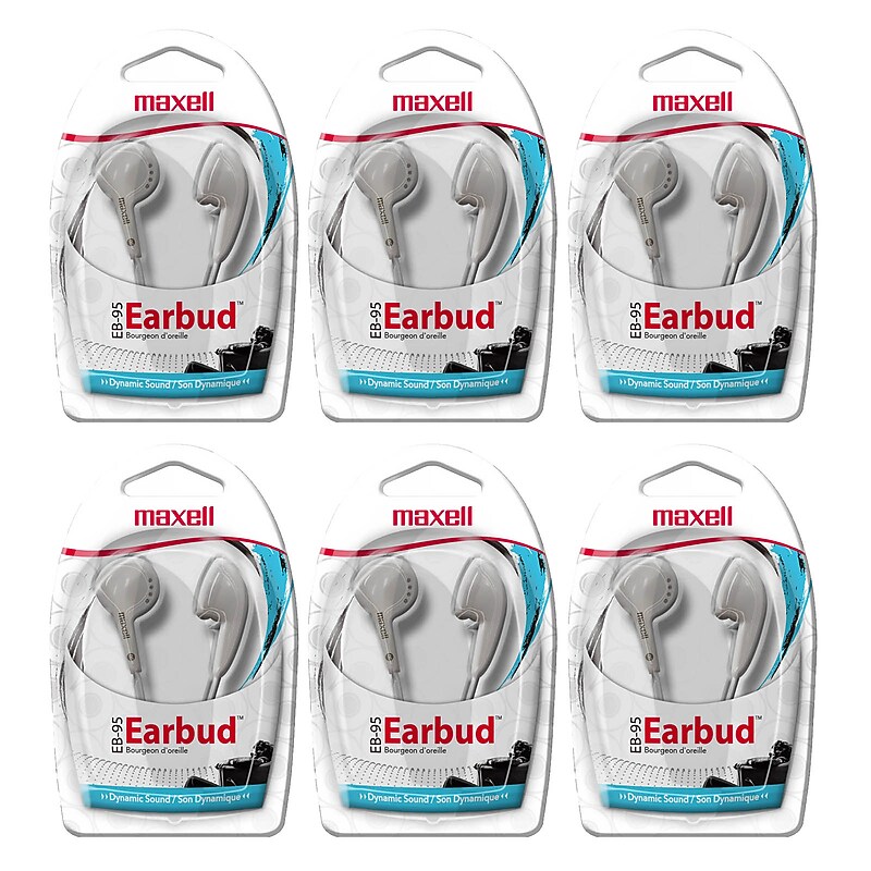 Maxell Budget Stereo Earbuds, White, 6/Pack (MAX190599-6) image 1