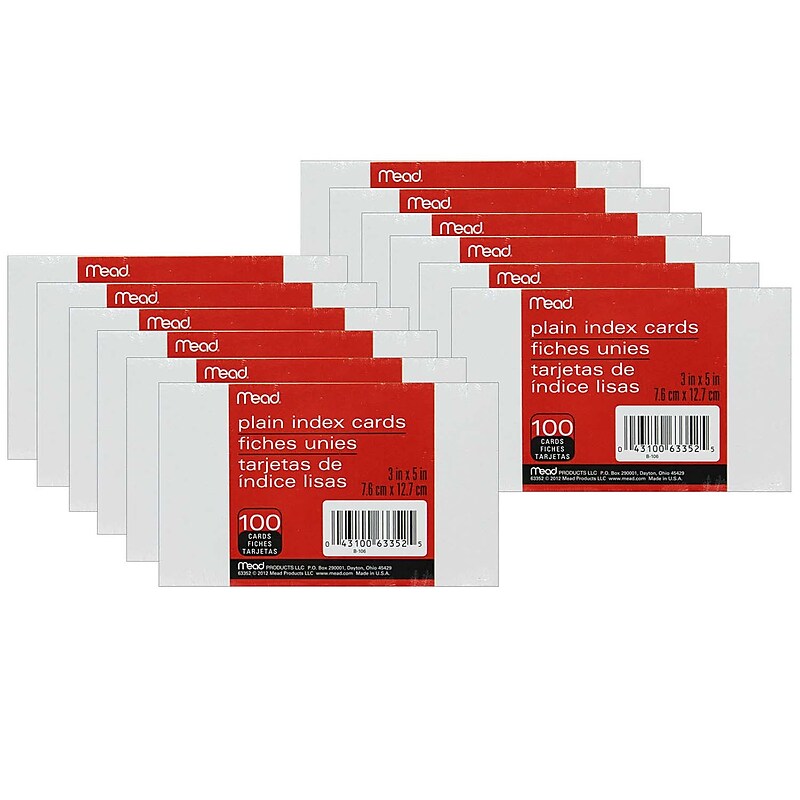 Mead Index Cards, 3" x 5", 100/Pack, 12 Packs (MEA63352-12) image 1