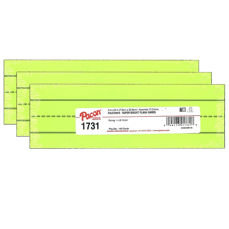Pacon Super Bright Flash Cards, Assorted Colors, 3" x 9", 100 Cards/Pack, 3 Packs (PAC1731-3) image 1