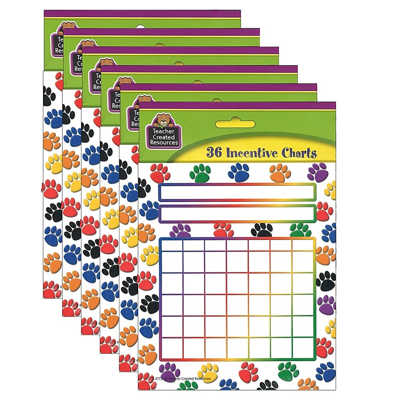 Teacher Created Resources Colorful Paw Prints Incentive Charts, 5.25" x 6", 36 Sheets Per Pack, 6 Packs (TCR4773-6) image 1