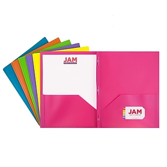 JAM Paper Plastic POP 2-Pocket  Folders with Metal Prong Fastener, Assorted Colors, 6/Pack (382ECFassrt)