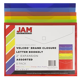 JAM Paper® Plastic Envelopes with Hook & Loop Closure, Letter Size, Assorted Colors, 6/Pack (218V2OLIPRYS)