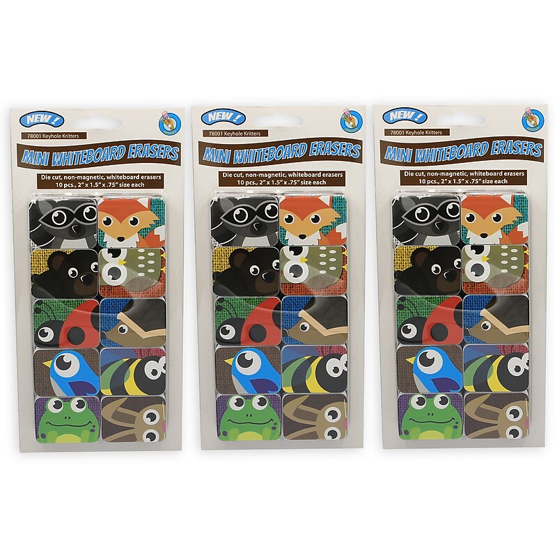 Ashley Productions Dry Erase Non-Magnetic Mini Whiteboard Erasers, Keyhole Kritters, 10 Per Pack, 3 Packs (ASH78001-3) image 1