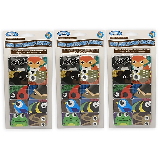 Ashley Productions Dry Erase Non-Magnetic Mini Whiteboard Erasers, Keyhole Kritters, 10 Per Pack, 3 Packs (ASH78001-3)~#|#~sp151423905_sc7