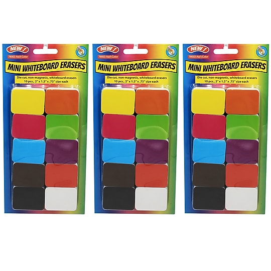 Ashley Productions® Dry Erase Non-Magnetic Mini Whiteboard Erasers, Assorted Colors, 10 Per Pack, 3 Packs (ASH78003-3)~#|#~sp151423907_sc7