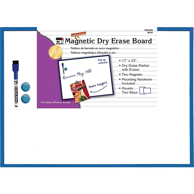 Charles Leonard Magnetic Dry Erase Whiteboard, With Eraser/Marker/2 Magnets, Blue Tin Frame, 17" x 23" (CHL35370) image 1