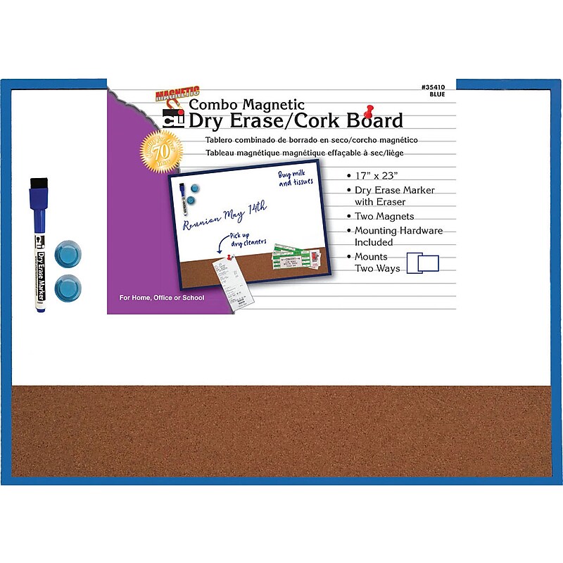Charles Leonard Magnetic Dry Erase Whiteboard/Cork board, With Eraser/Marker/2 Magnets, Blue Tin Frame, 17" x 23" (CHL35410) image 1