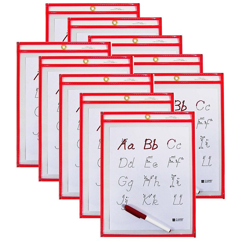 C-Line Reusable Dry Erase Pocket  Study Aid, Neon Red, 9" x 12", Pack of 10 (CLI40814-10) image 1
