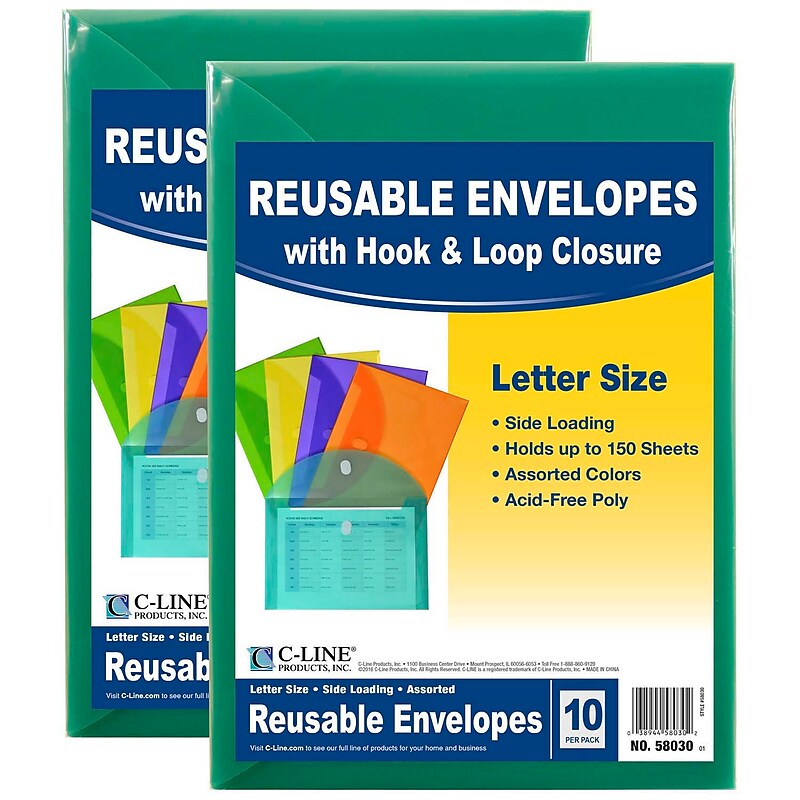 C-Line XL Reusable Envelopes, Hook and Loop Closure, 8 1/2 x 11, Assorted Colors, 10 Per Pack, 2 Packs (CLI58030-2) image 1