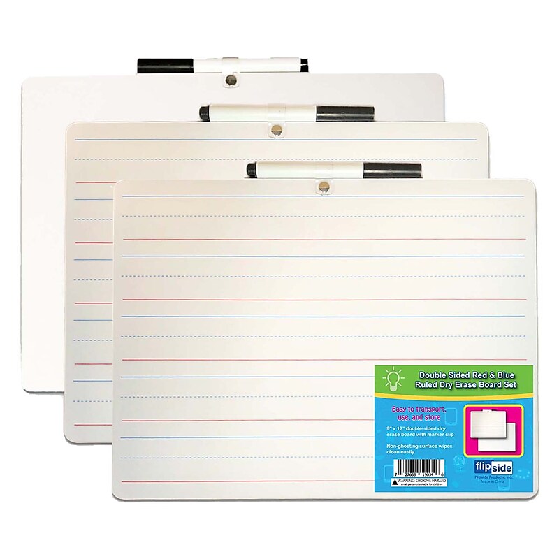 Two-Sided Rectangular, Primary Ruled/Blank Dry Erase Whiteboard, With Marker, 9" x 12", Pack of 3 (FLP19034-3) image 1