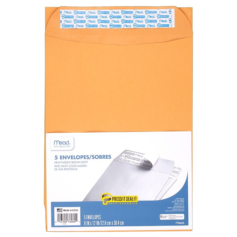 Mead Kraft Self Seal Business Envelope, 9" x 12", 5/Box, 12 Boxes/Bundle (MEA76080-12) image 1