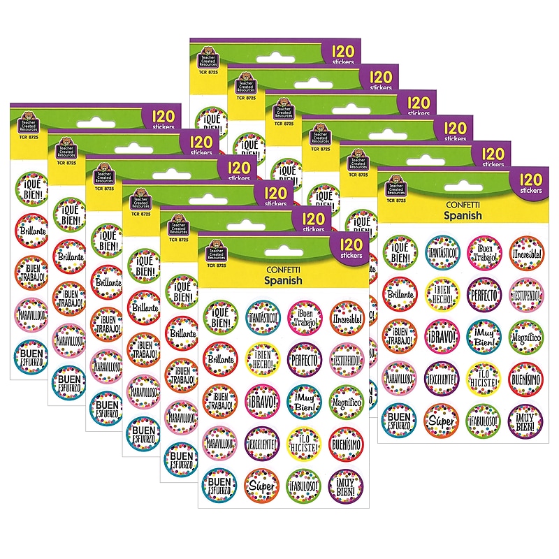 Teacher Created Resources Confetti Spanish Stickers, 1", Multicolored, 120 Per Pack, 12 Packs (TCR8725-12) image 1