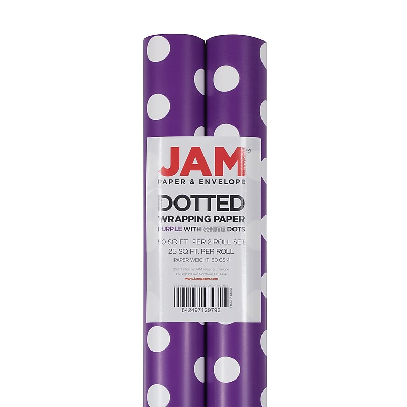 JAM Paper Wrapping Paper, 25 Sq. ft. x 30", Purple with White Dots, 2/Pack (2226416996A) image 1