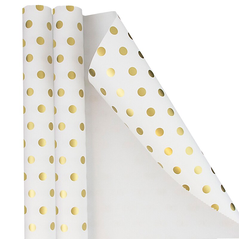 JAM Paper Wrapping Paper, 25 Sq. ft. x 30", White with Gold Foil Dots, 2/Pack (226432220A) image 1