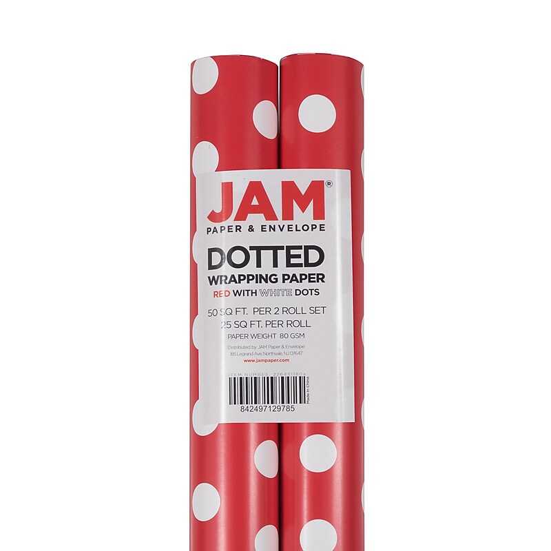 JAM Paper Wrapping Paper, 25 Sq. ft. x 30", Red with White Dots, 2/Pack (226431180A) image 1
