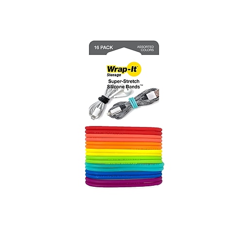 WrapIt Storage SuperStretch Silicone Cable Bands, Assorted Colors, 16