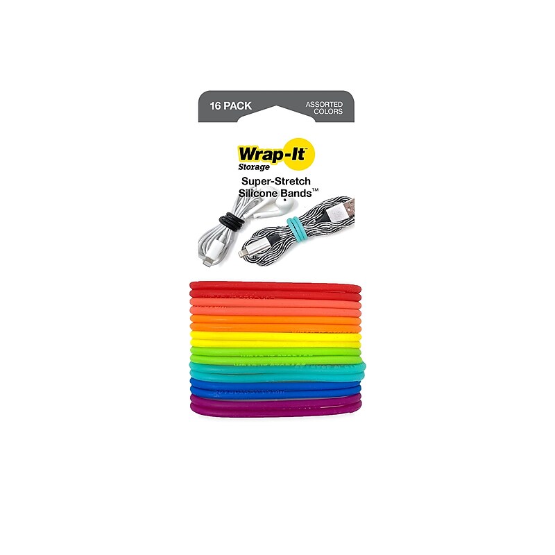 Wrap-It Storage Super-Stretch Silicone Cable Bands, Assorted Colors, 16/Pack (516-SB-MC) image 1