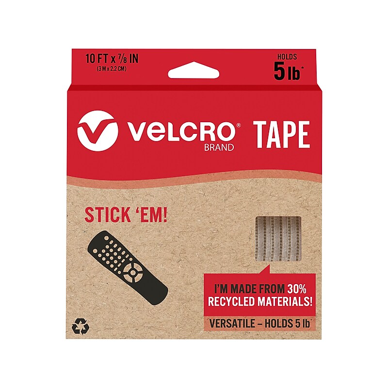Velcro Eco 0.88" x 10' Sticky Back Hook & Loop Fastener, White (VEL-30195-USA) image 1