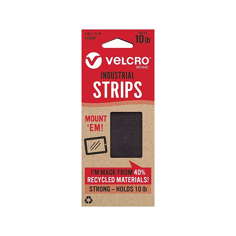 Velcro Eco 1.75" x 3" Sticky Back Hook & Loop Fastener, Black, 2/Pack (VEL-30189-USA) image 1
